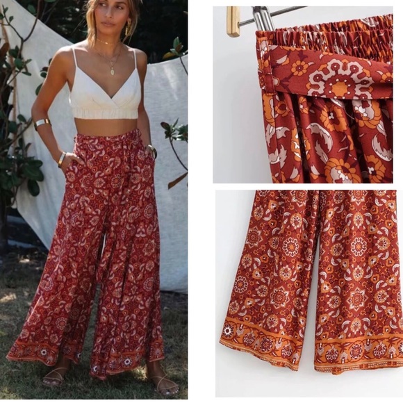 Pants - Bohemian Wide Leg Print Sash Pants